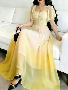 Modelyn Đầm in họa tiết ombre vàng, thiết kế cổ vuông tay bồng thời trang, dáng dài thanh lịch thắt eo, thích hợp cho kỳ nghỉ hè và mặc hàng ngày. - Nhiều màu - Xem 1