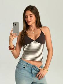 Firerie Women Brown Stripe Spaghetti Strap Beaded Tank Top, Summer Boho Tropical Sexy Retro Cami, Sleeveless Camisole Holiday Vacation Night Out - Khaki - View 8