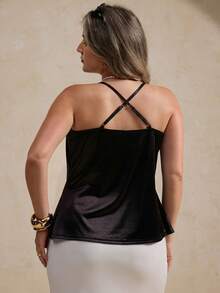 Elegantrix Áo cami satin viền ren bất đối xứng thanh lịch - màu đen - Xem 2