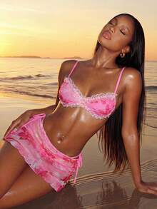 Vaytide Pink Lace Trim Sexy Women's Bikini Swimwear With Skirt, Suitable For Beach In Spring/Summer - Pink - View 2