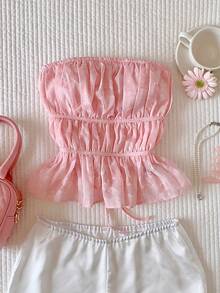 Comfortcana Top bandeau con cortes y fruncidos para mujer - Rosa - Ver 3