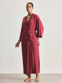 Ocili Comfortable Lace Robe For Women - Burgundy - View 4