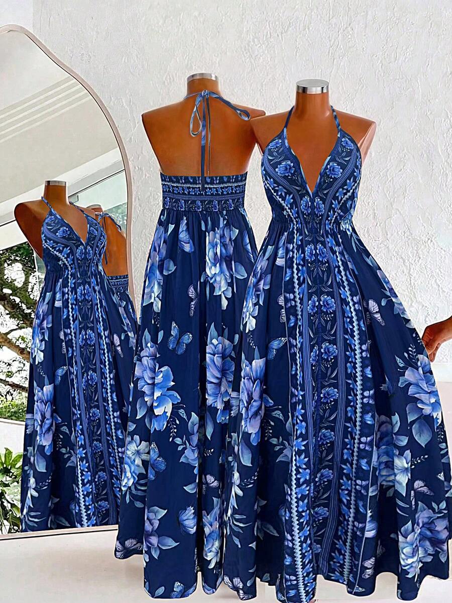 Sweetra Bohemian Style Printed Beach Slip Dress - Navy Blue - View 1