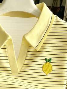 Áo thun nữ kẻ sọc thêu hình chanh, kiểu dáng thường ngày đa năng. - Nhiều màu - Xem 3