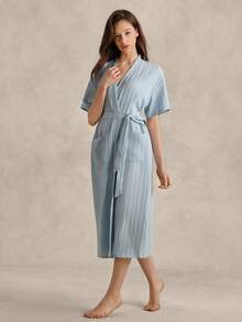 Women's Retro British Style Basic Casual Fashion Light Blue Pleated Fabric Short Sleeve Robe - Baby Blue - View 3