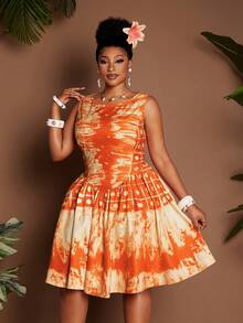 Maweii 大码褶皱腰身圆领无袖沙滩度假性感万圣节印花连衣裙 - 亮橙色 - 查看 1
