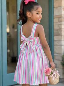 SHEIN 年轻女孩无袖休闲条纹连衣裙，方领 - 粉色 - 查看 1