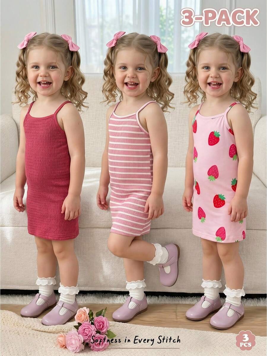 Cozy Pixies Conjunto de 3 piezas para bebé niña de verano con vestido de tirantes ajustado, con estampado de fresa rosa y textura de rayas rosas sólidas, suave y cómodo - Rosa - Ver 1
