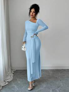 Elenzga Elenzya Women Summer Elegant Light Blue Long Sleeve Dress,Autumn Bar Party Chiffon Asymmetric Collar Waist Dress  Metal Butterfly Decor For Vacation - Baby Blue - View 6