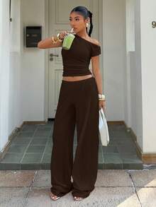 Muchica Women's Solid Color Ruched Asymmetrical Shoulder Top And Pants Casual Suit Occasion Shades Of Brown Summer,Summer Outfits For Women - Chocolate Brown - View 3