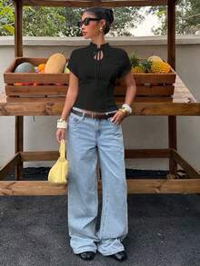 Muchica 女款領結領短袖休閒優雅襯衫，得體大方，適合女性，夏季上衣，宴會黑色，夏季上衣 - 黑色 - 查看 3