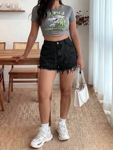 Enliva Karlangas.Toledo Plus Size Women Casual Distressed Washed Denim Shorts With Pockets, For Apple Rounded Body Shape, For Summer - Black - View 3