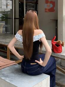 DAZY Áo nữ thời trang, đa năng, họa tiết hoạt hình chấm bi, kiểu dáng trễ vai, phong cách thường ngày. - màu đen - Xem 3