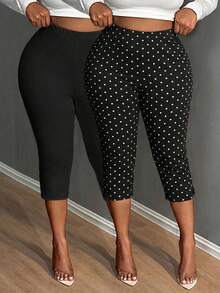 SHEIN SXY 2pcs Casual Retro Polka Dot Print Plus Size Women Black Leggings, Suitable For Spring/Summer, Music Festivals - Multicolor - View 3