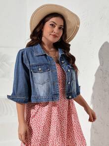 EMERY ROSE Chaqueta vaquera casual de talla grande para mujer, de manga corta y abotonadura sencilla - Azul lavado medio - Ver 4