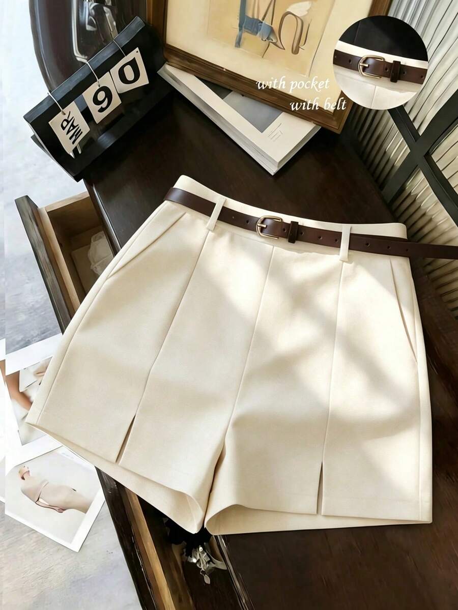 Franclia Quần short nữ thời trang mới, kiểu dáng thường ngày, đa năng, chất liệu mềm mại, có họa tiết, cạp cao, xẻ tà hai bên, màu mơ, quần short nữ mùa xuân/hè, quần short bó sát nữ, quần dài nữ thường ngày mùa xuân/hè. - Màu be - Xem 1