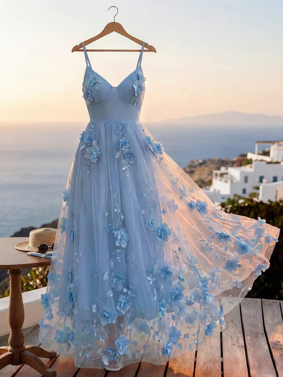 Rafferiza 浪漫花卉网纱长裙，适合生日、婚礼宾客、新娘礼服等场合