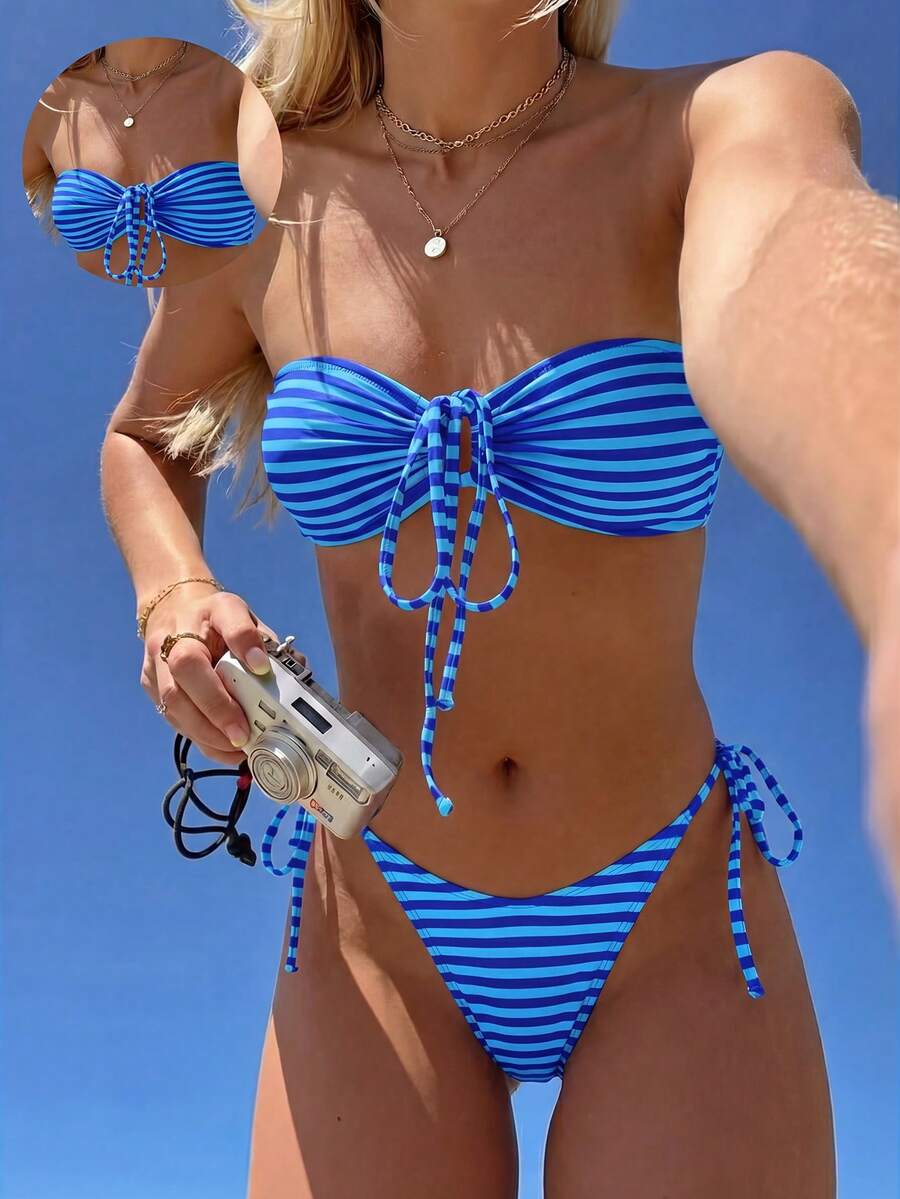 Swim Mod Conjunto de bikini de dos piezas con estampado tropical a rayas para mujer, ropa casual de resort - Multicolor - Ver 1