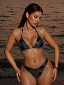 SHEIN Swim Summer Beach Glitter Stars Pattern Halter Bikini Top - Black - View 3