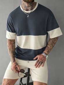 Manfinity Homme Men's Colorblock Casual T-Shirt And Drawstring Waist Shorts Set - Multicolor - View 4
