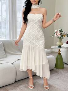 Feyla Women's Fashion Strapless Dress & Scarf - Apricot - View 5