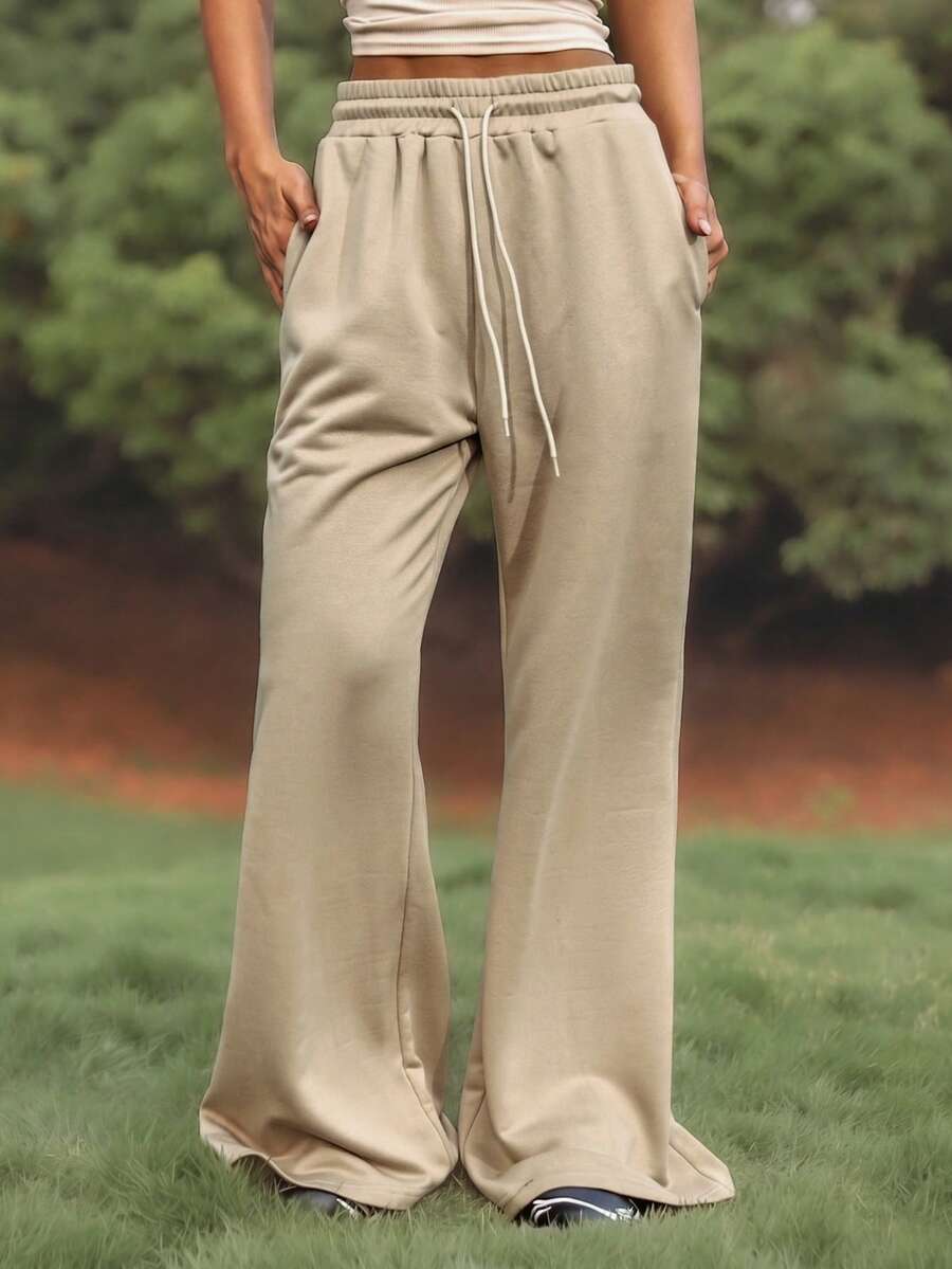 WanderVale Pantalones anchos casuales de cintura con cordón para mujer - Gris - Ver 1