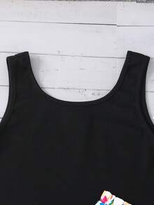 Conjunto de 2 piezas de top de tirantes con estampado floral tropical y shorts de cintura alta para niña preadolescente - Negro - Ver 4