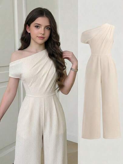 Firerie Kids Firerie Kids 杏色休闲通勤优雅不对称领连体裤，适合青少年女孩