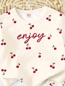 Cream White, Cute Mini Cherry Minimalist Sweet Letter Graphic, Young Girl Casual Loose Round Neck Short Sleeve T-Shirt And Leggings Set, Suitable For Spring & Summer Daily Wear, Farm, Picnic, Outing, Vacation, Homecoming, Back To School - Multicolor - View 7