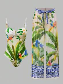 Swim Oasis 女士夏季海滩度假热带植物鹦鹉印花连体泳衣和阔腿罩裤套装，适合海滩、水上活动和散步 - 彩色 - 查看 1
