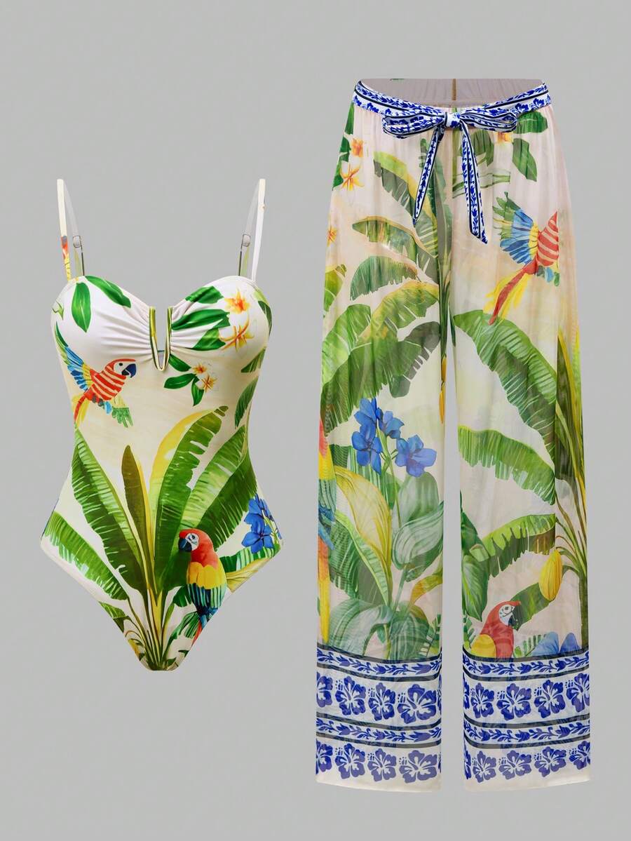 Swim Oasis 女士夏季海滩度假热带植物鹦鹉印花连体泳衣和阔腿罩裤套装,适合海滩、水上活动和散步 - 彩色 - 查看 1