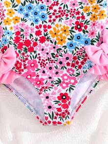 SHEIN Young Girl Knitted Floral Pattern Cute Bow One-Piece Swimsuit - Multicolor - View 6