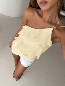 Aloruh 春夏新款优雅浪漫约会之夜情人节婚礼季粉色雪纺单肩露背层叠荷叶边上衣，性感沙滩荷叶边上衣，婚礼服，优雅浪漫粉色衬衫 - 米色 - 查看 1