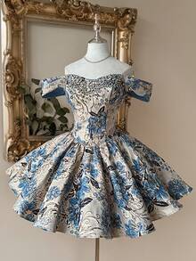 Lovelzi 优雅奢华提花缎面露肩抹胸连衣裙，饰以手工水钻，高腰蓬松A字裙摆，可调节系带，适合约会、单身派对、婚礼、返校、音乐会、下午茶等各种正式场合，女士短款鸡尾酒会礼服 - 藍色 - 查看 5