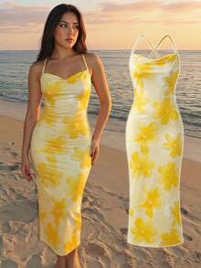 SHEIN Sparklyn Đầm slip kiểu Pháp màu vàng in hoa cho bé gái, đầm mùa hè nhẹ nhàng, ôm sát, thanh lịch. - Màu vàng - Xem 1