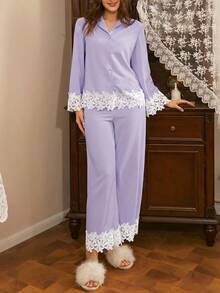 Côtesoire Bộ đồ ngủ nữ kiểu dáng thanh lịch miền Nam nước Pháp, gồm áo cardigan dáng suông nhăn nhẹ và áo khoác cardigan. - Màu tím - Xem 3