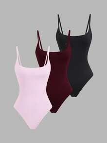 Sweetra Set de 3 bodys de mujer de ajuste ceñido, cuello de pico, unicolor, en albaricoque, marrón café y negro, de moda versátil europea y americana para primavera/verano - Multicolor - Ver 1