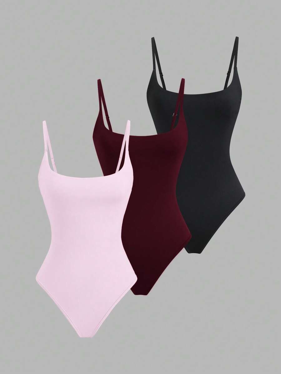 Sweetra Set de 3 bodys de mujer de ajuste ceñido, cuello de pico, unicolor, en albaricoque, marrón café y negro, de moda versátil europea y americana para primavera/verano - Multicolor - Ver 1