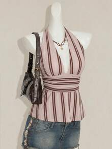 SHEIN ICON Áo tank top nữ kiểu dáng thường ngày, cổ chữ V khoét sâu, hở lưng, họa tiết sọc cổ điển Mỹ, phong cách Y2K, mùa hè. - Nhiều màu - Xem 1