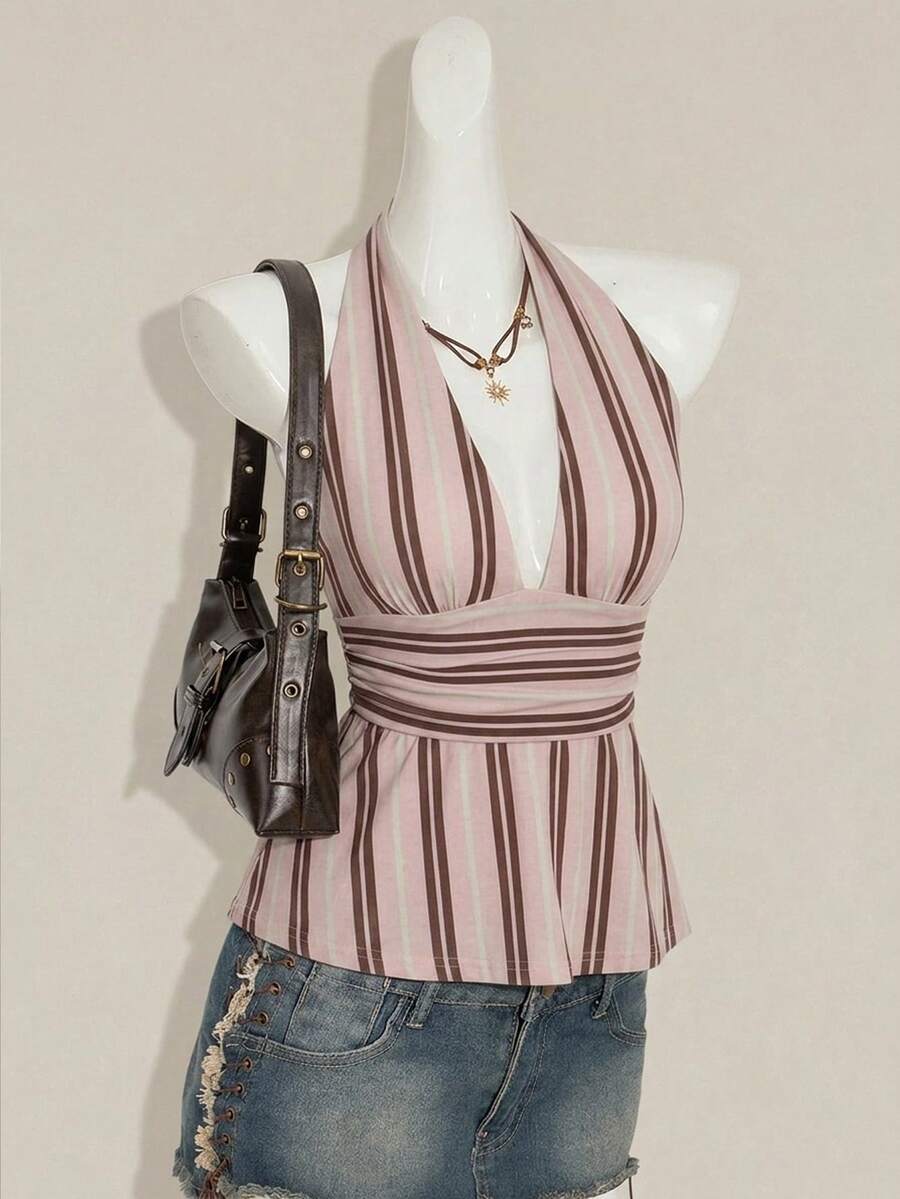 SHEIN ICON Áo tank top nữ kiểu dáng thường ngày, cổ chữ V khoét sâu, hở lưng, họa tiết sọc cổ điển Mỹ, phong cách Y2K, mùa hè. - Nhiều màu - Xem 1