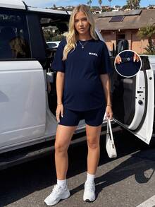 SHEIN 2pcs Maternity Letter Print Casual Short Sleeve T-Shirt And Adjustable Waist Shorts Set - Navy Blue - View 3