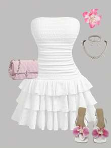 SHEIN Teen Girl White Summer Elegant Matching Family Vacation Outfit, Solid Color Ruched Ruffle Hem Tube Dress For Birthday Graduation Holiday - White - View 1