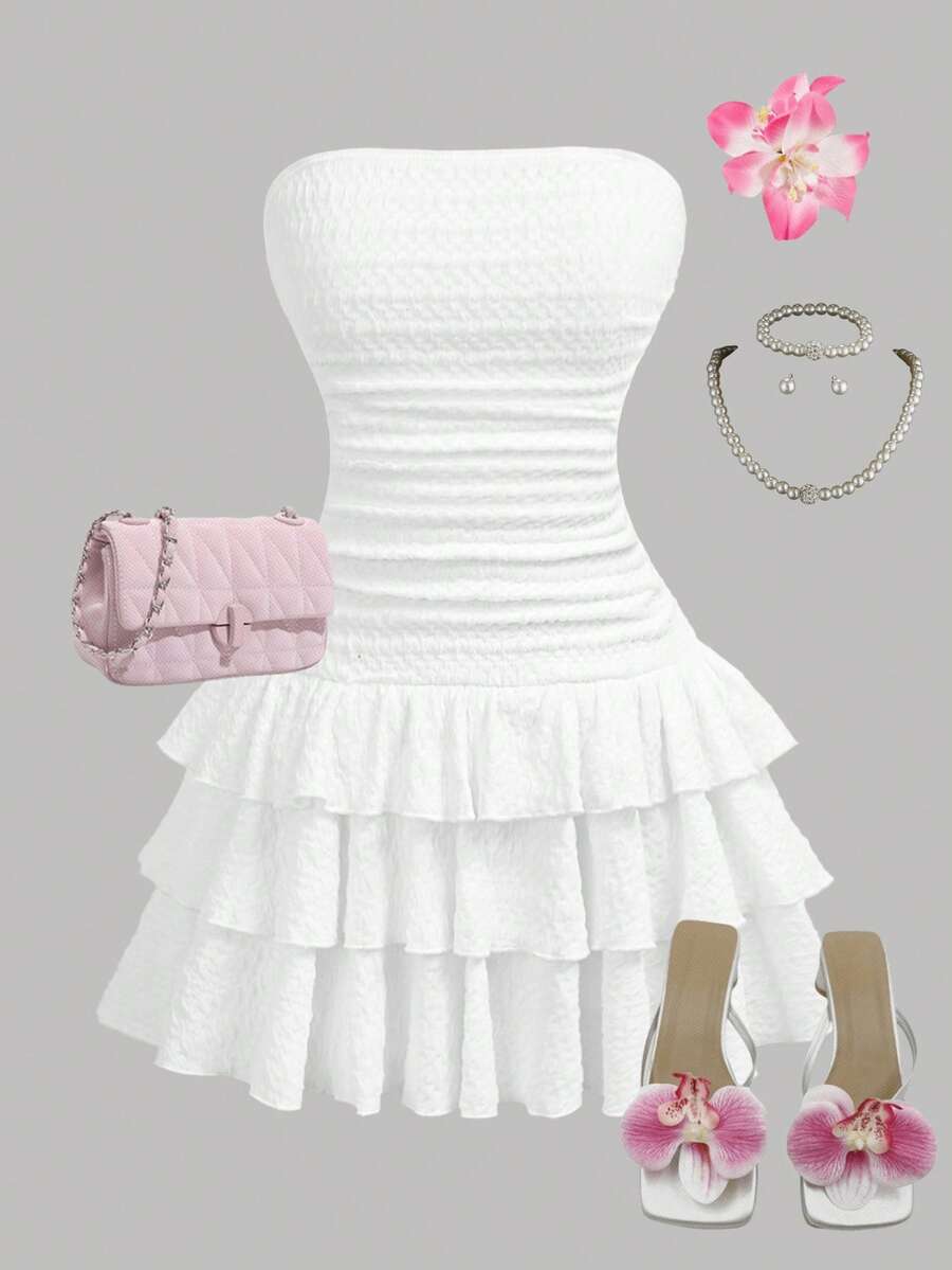SHEIN Teen Girl White Summer Elegant Matching Family Vacation Outfit, Solid Color Ruched Ruffle Hem Tube Dress For Birthday Graduation Holiday - White - View 1