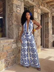 BamGleam 2pcs/Set Bohemian African Print Pleated Backless Spaghetti Strap Top And Elastic Waist Wide Leg Pants, Casual Beach Street Style Fashion For Spring/Summer - Blue and White - View 6