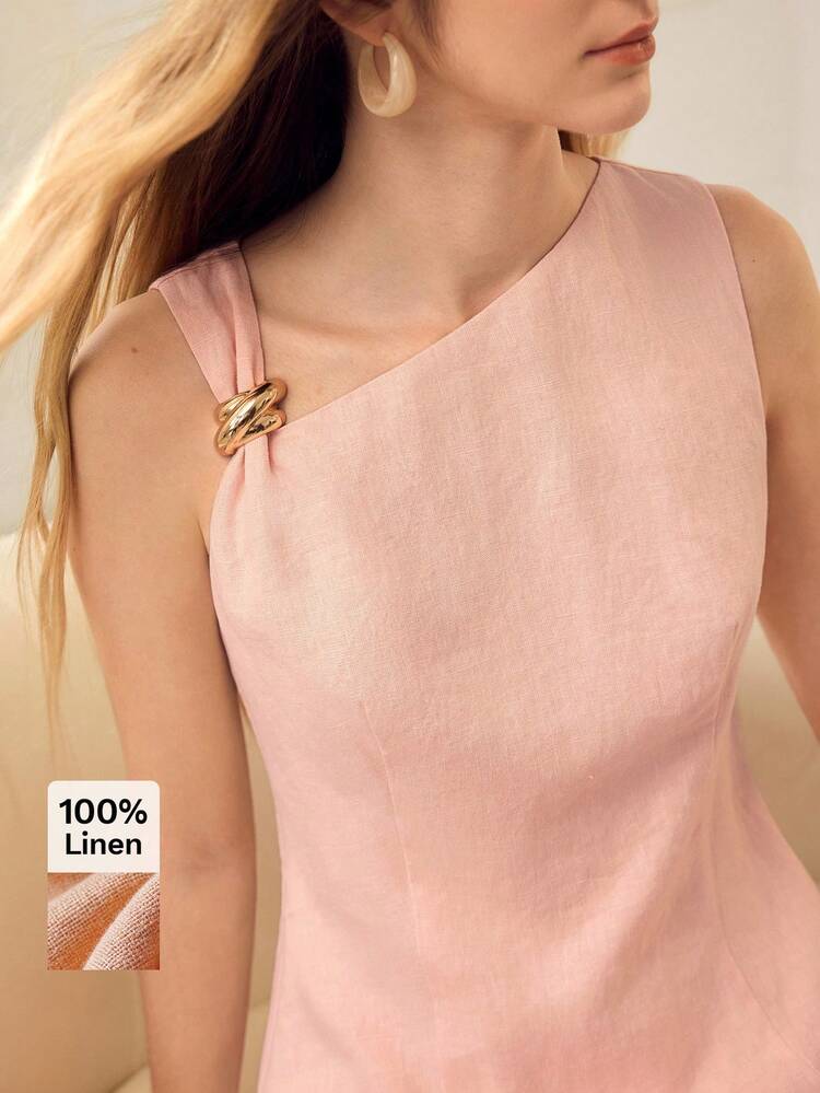 WOMEN'S ASYMMETRICAL NECK SLEEVELESS LINEN BLEND SHORT DRESS, CASUAL & DATE WEAR, SPRING/SUMMER