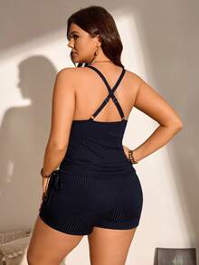 Swim Lushoire Plus Size Women Ribbed V-Neck Drawstring Boyshort Bikini - Navy Blue - View 2