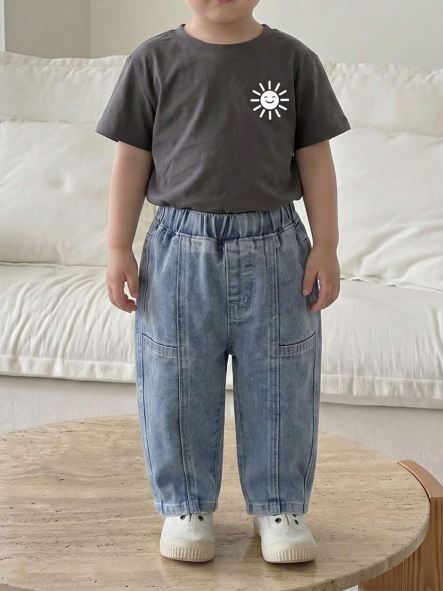 Toddler Boys' Soft Cotton Casual Loose Fit Washed Denim Jeans, Elastic Waist, Tapered Leg, Suitable For Daily Wear And Vacation, Summer - Blue - View 1