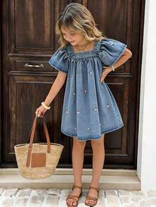 Elladie kids Young Girl's Fashionable Casual Elegant Denim Dress, Cap Sleeve Soft Floral Pattern Design Dress - Blue - View 8