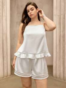 Flouryn Luxury Minimalist Satin Chiffon Camisole And Shorts Pajama Set, Sexy Summer Homewear Gym Brown - White - View 5