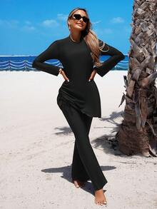 SHEIN Swim Mulvari 2026春夏女士沙滩连衣裙，中东泳装，女士比基尼，两件套，优雅浪漫荷叶边下摆沙滩度假连衣裙，套头喇叭袖长袖连衣裙上衣，高腰喇叭裤，荷叶边下摆，多色可选，黑色，性感奢华，优雅知性，浪漫度假，2026春夏新款，新年，情人节，返校季，旅行季，适合度假、海滩、下午茶野餐、派对、日常穿着、休闲、户外运动，时尚套装 - 黑色 - 查看 4